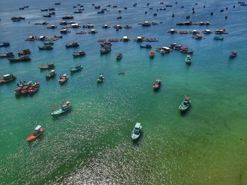 High angle view of boats moored in sea