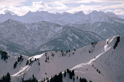 Snowcapped mountain ridge in front of panoramic mountain view