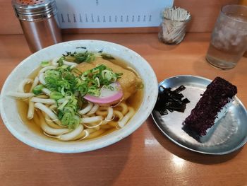 High angle view of meal served on table