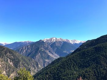 Scenic view of mountains against clear blue sky