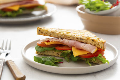 Close-up of breakfast served on table