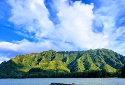 Scenic view of lake and mountains against sky