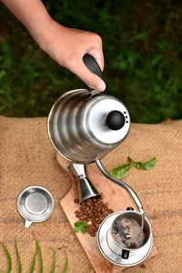 High angle view of coffee cup on table