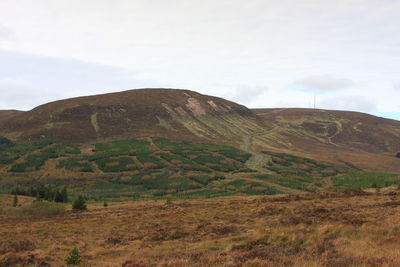 Scenic view of field and mountains against sky