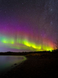 Scenic view of lake against sky at night with aurora borealis