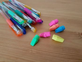 High angle view of multi colored pencils on table