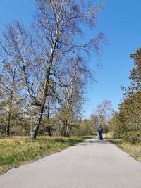 Rear view of person walking on road against clear sky