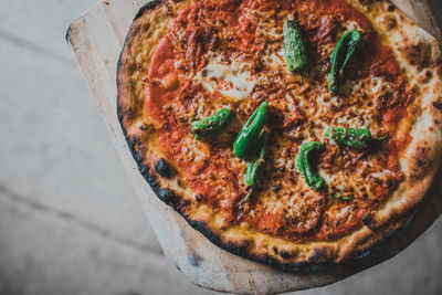 High angle view of pizza on table