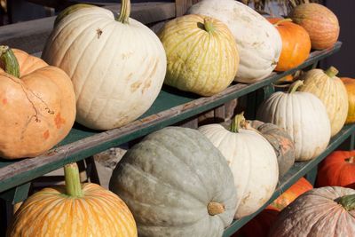 Close-up of pumpkins for sale at market stall