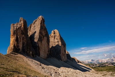 Panoramic view of rock formation on land against blue sky