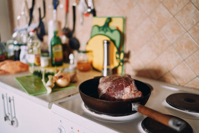 High angle view of food in kitchen