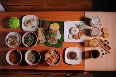 High angle view of food served on table