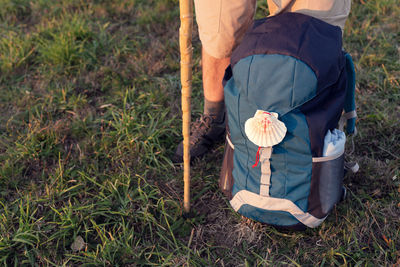 From above of crop unrecognizable male tourist with trekking stick and backpack on meadow in summertime