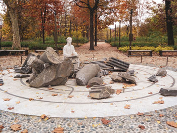 People sitting on sidewalk during autumn