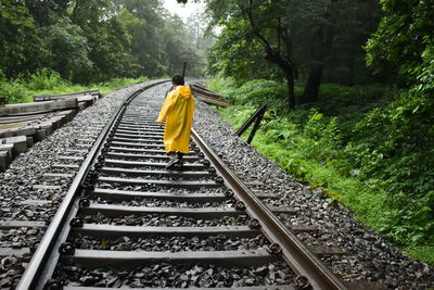 Rear view of boy on railroad track amidst trees in forest - dudhsagar trek