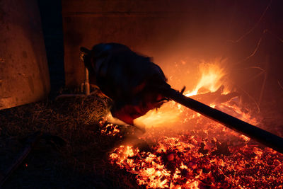 Silhouette of whole pig spinning on a spit