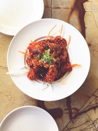 High angle view of food in plate on table