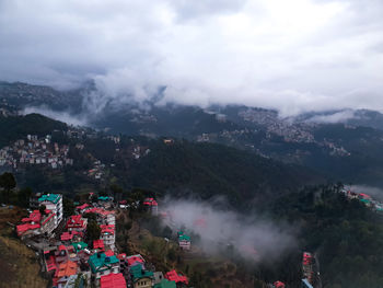 High angle view of mountains against sky