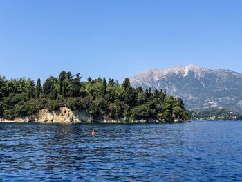 Scenic view of lake against clear blue sky