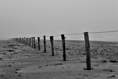 Wooden posts on beach against clear sky