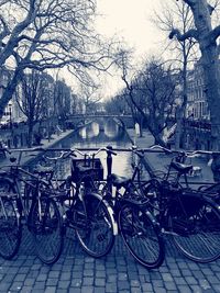 Close-up of bicycles against sky