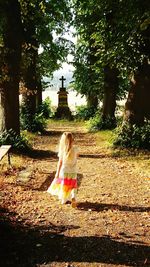 Rear view of woman walking on street amidst trees