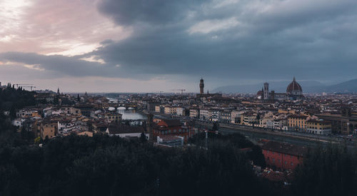 High angle view of buildings against sky at sunset