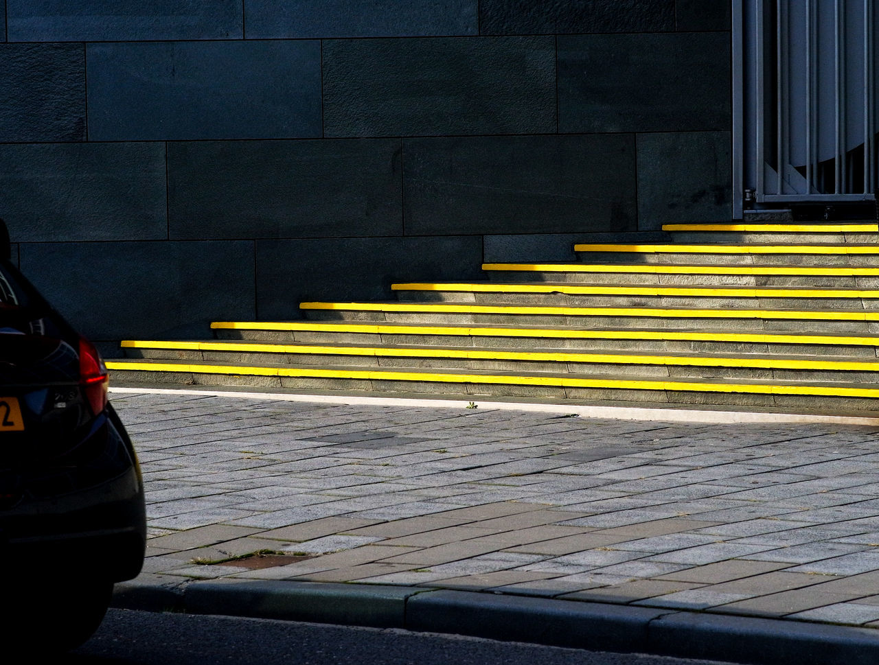 yellow, steps, transportation, street, steps and staircases, road, no people, outdoors, built structure, day, architecture