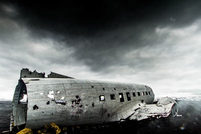 Crashed plane in basaltic desert of iceland