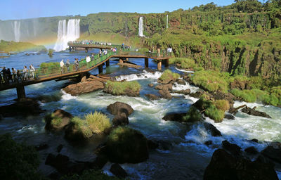 Scenic view of river flowing through rocks in forest