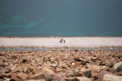 High angle view of friends walking on footpath by lake