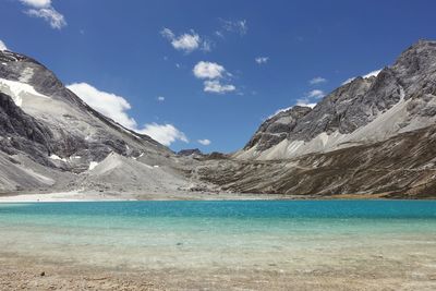 Scenic view of mountains against blue sky