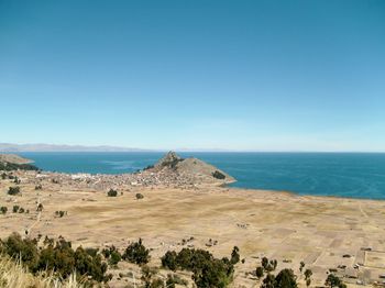 Scenic view of sea against clear blue sky