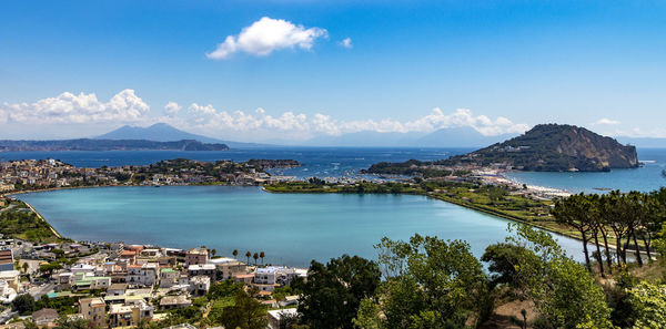 Scenic view of sea by town against sky