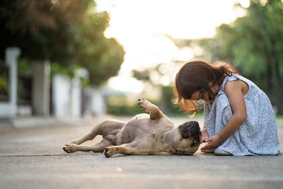 Cute little girl playing with french bulldog on the road in village.