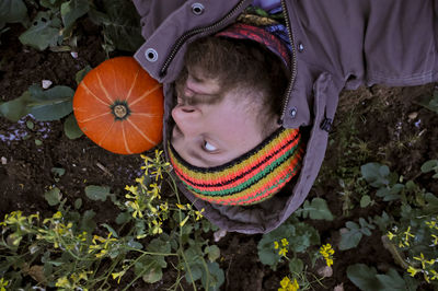 High angle view of cute boy against sky