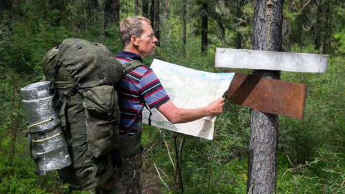 Man holding map over backpack against trees in forest