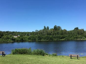 Scenic view of lake against clear blue sky