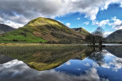 Scenic view of lake and mountains against sky