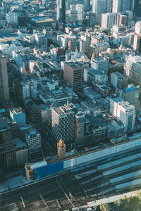 High angle view of modern buildings in city