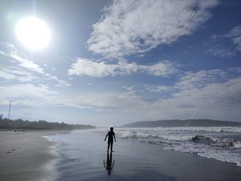 Rear view of man standing at beach against sky