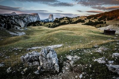 Scenic view of rocky mountains against sky