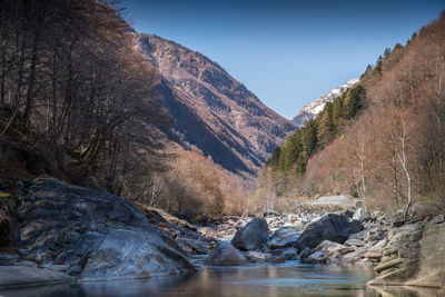 Scenic view of river by mountains against clear sky