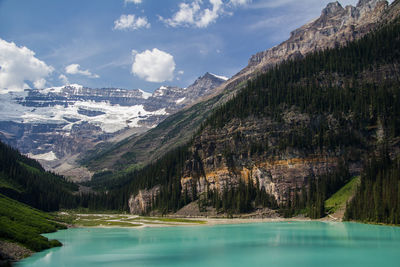 Scenic view of mountains in front of blue river against sky