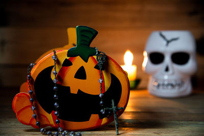 Close-up of pumpkin on table during halloween