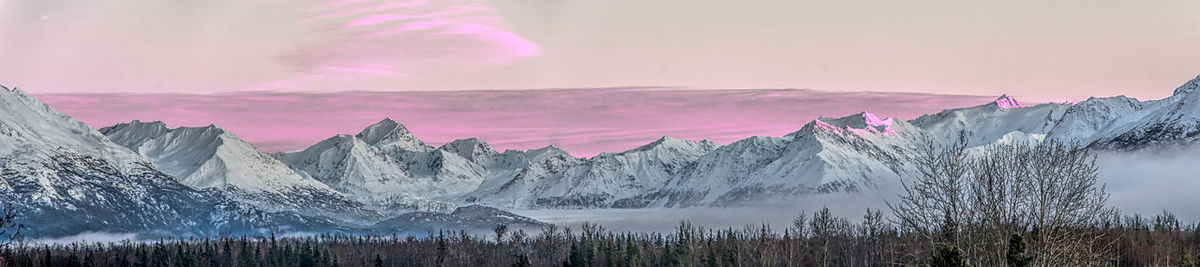 Panoramic shot of snowcapped mountains against sky during sunset
