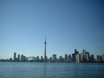 City skyline against blue sky