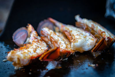 Close-up of lobsters on barbecue grill