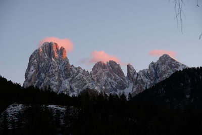 Scenic view of snowcapped mountains against sky during sunset