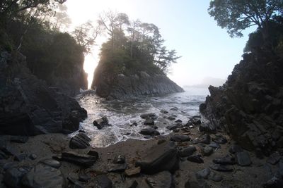 Scenic view of rocky beach against sky